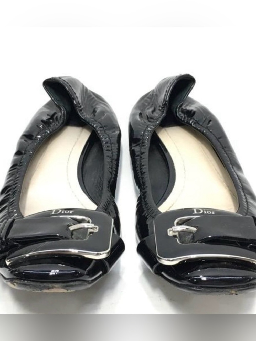 Dior Black Patent Leather Ballet Flats with Silver Buckle Detail